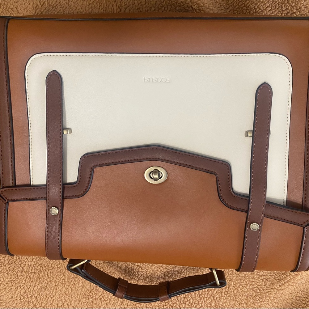 Brown and White Vegan Leather Laptop Bag - Picture 6 of 16